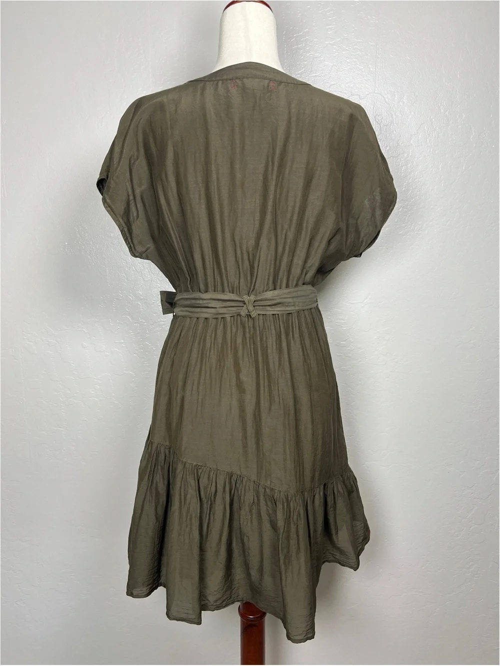 XIRENA Women’s Size S Olive Green Cotton Short Sleeve Faux Wrap Belted Dress - Picture 2 of 10